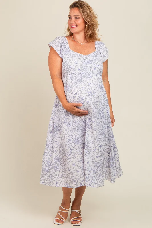 Women’s clothing to inspire confidence and beauty   Ivory Blue Floral Print Ruched Tiered Plus Maternity Midi Dress