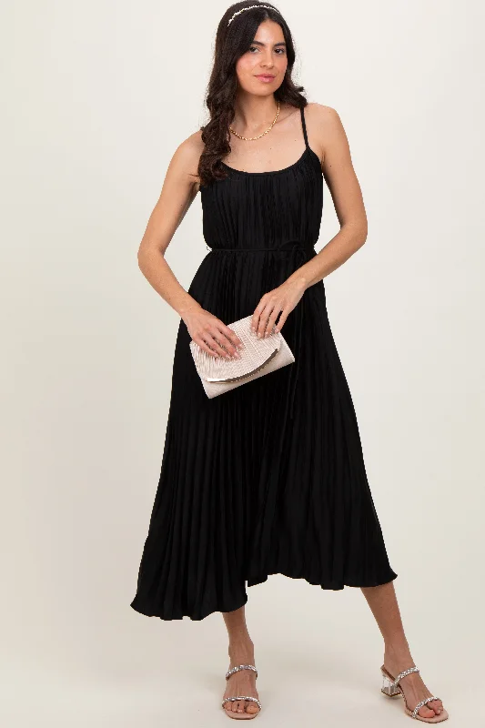 Stylish plus-size clothing for women   Black Pleated Sash Tie Midi Dress