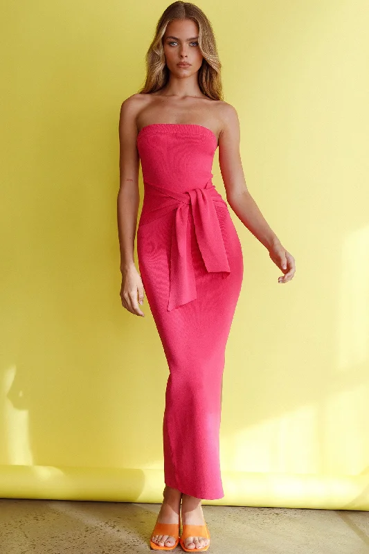 Soft, breathable fabrics for fashionable women   Told You So Strapless Waist Tie Knit Maxi Dress Hot Pink