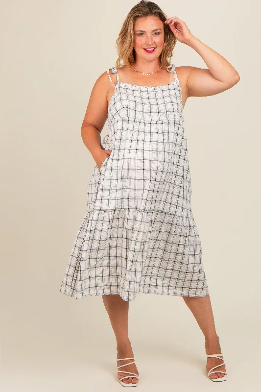 Casual outfits that elevate your style   Ivory Plaid Shoulder Tie Maternity Plus Midi Dress