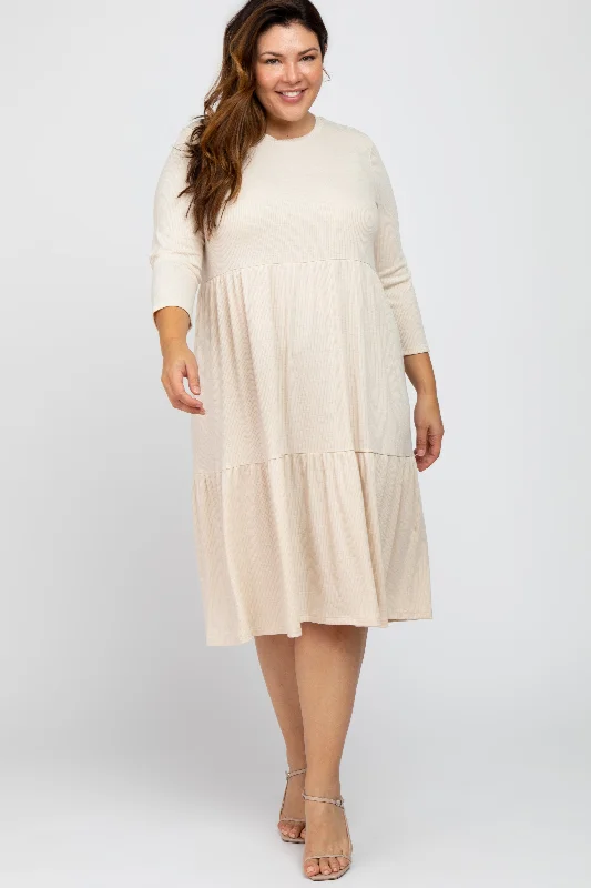 High-quality women’s wear for everyday elegance   Beige Tiered Ribbed 3/4 Sleeve Plus Midi Dress