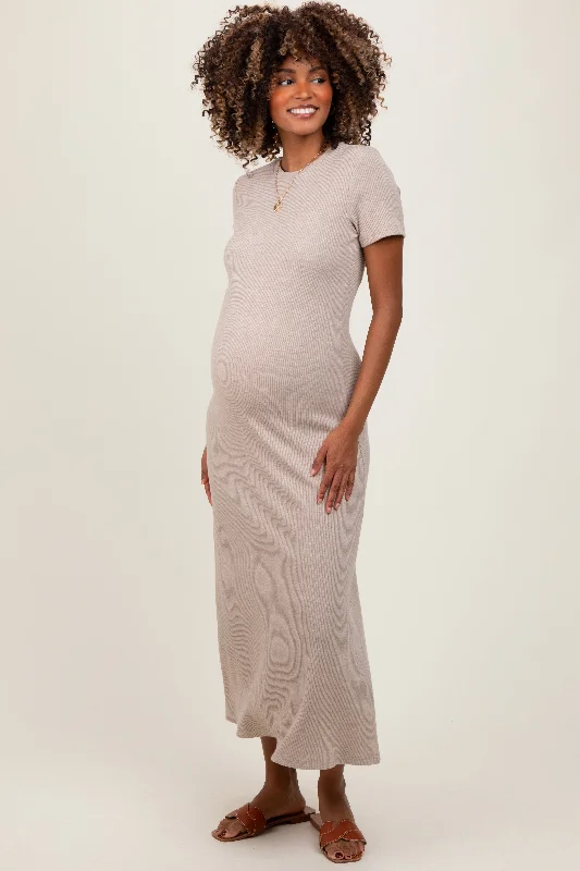 Create a timeless wardrobe with fashionable pieces   Beige Ribbed Short Sleeve Maternity Midi Dress