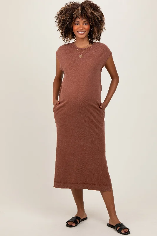 Uncover unique pieces for your perfect wardrobe   Camel Casual Sleeveless Pocketed Maternity Midi Dress