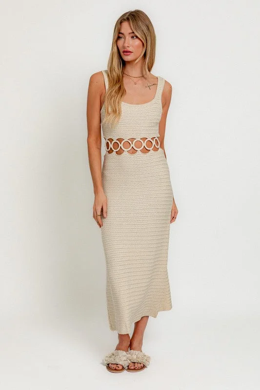 Trendy women’s clothing    Square Neck Sleeveless Crochet Midi Dress