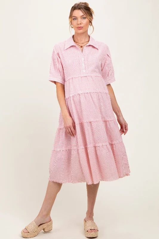 Fashion-forward women’s clothing on a budget   Pink Striped Tiered Raw Hem Maternity Midi Dress