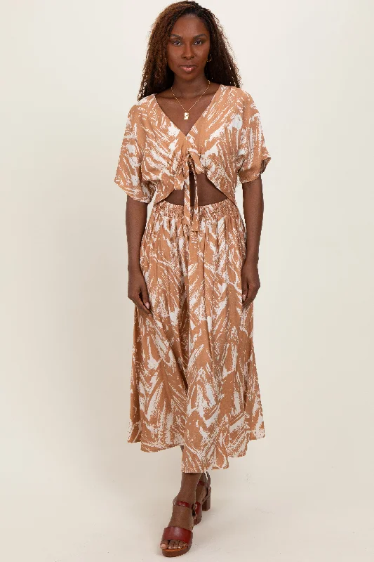 Refresh your wardrobe with high-quality women’s fashion   Camel Brushstroke Print Cutout Midi Dress