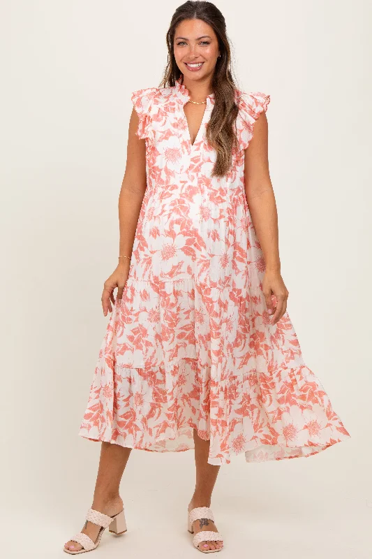 Bold and sophisticated looks for every woman   Rust Floral Scallop Hem Tiered Maternity Midi Dress