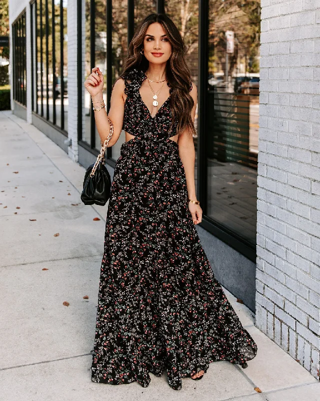 Feminine fashion to express your unique style   Charlotta Floral Ruffle Cutout Maxi Dress - Black - FINAL SALE