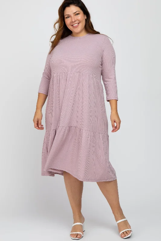 Bold and beautiful clothing for every woman   Lavender Tiered Ribbed 3/4 Sleeve Plus Midi Dress