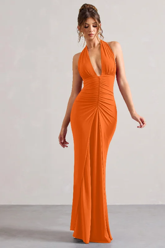 Payton | Orange Ruched Halter-Neck Maxi Dress