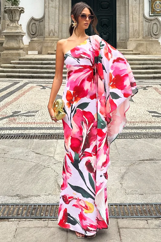 Step up your style with trendy women’s clothing   Sarita | Pink Floral Print One-Shoulder Cape Sleeve Maxi Dress