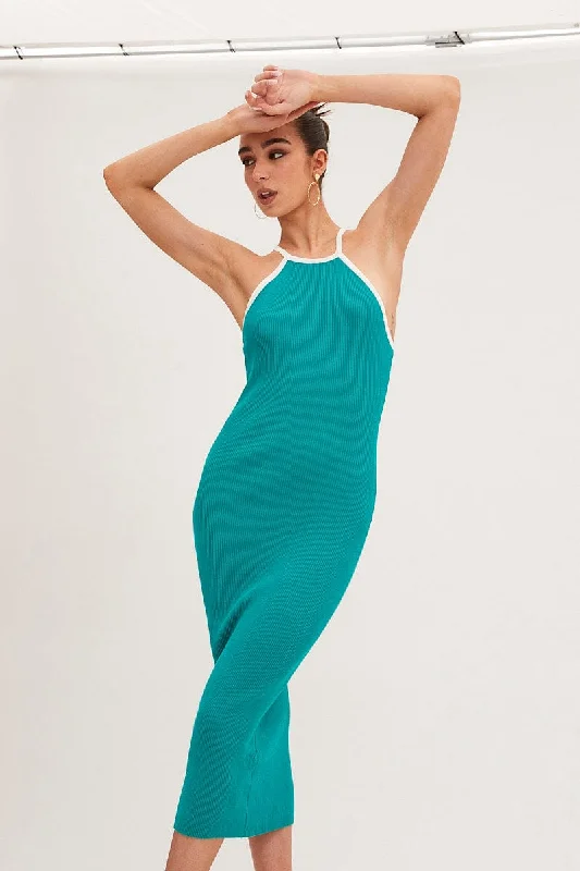 Bold fashion choices for the confident woman   Green Knit Dress Midi Halter Neck Binding Detail