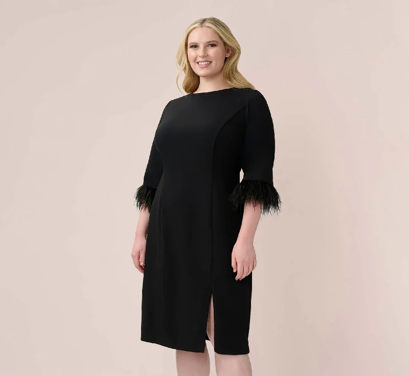 Plus Size Crepe Sheath Dress With V-Back And Feather-Trim Sleeves In Black