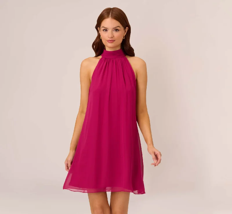 Sleeveless Pleated Chiffon Shift Dress With Mock Neckline In Magenta