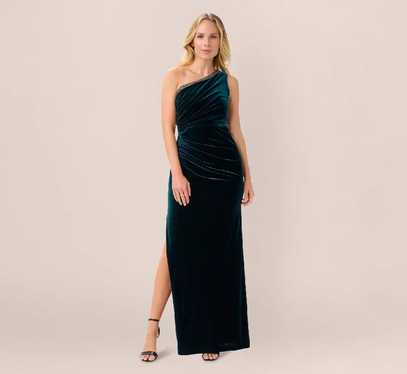 Velvet One Shoulder Gown With Beaded Neckline In Hunter