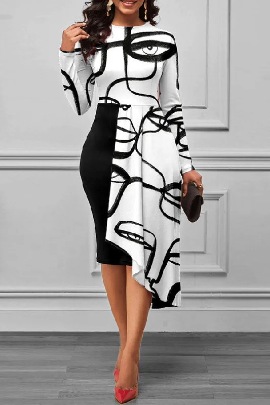 Timeless women’s fashion for any occasion   Abstract Face Print Unique Irregular Midi Dress