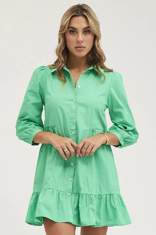 Stylish women’s clothing designed for comfort   Green Shirt Dress Long Sleeve Mini High Neck