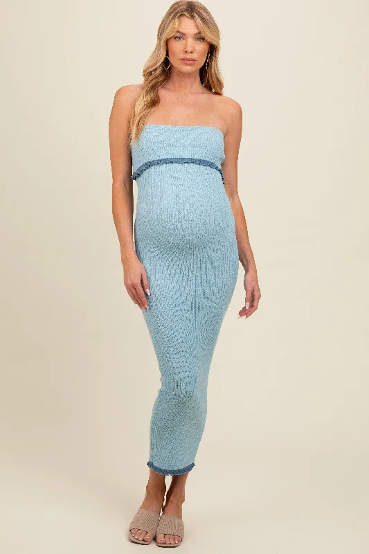 Light Blue Contrast Trim Maternity Strapless Knit Dress