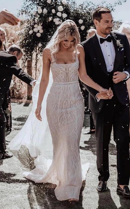 Elevate your look with premium women’s wear   Spaghetti Sheath Beaded Luxury Backless Wedding Dress with Court Train