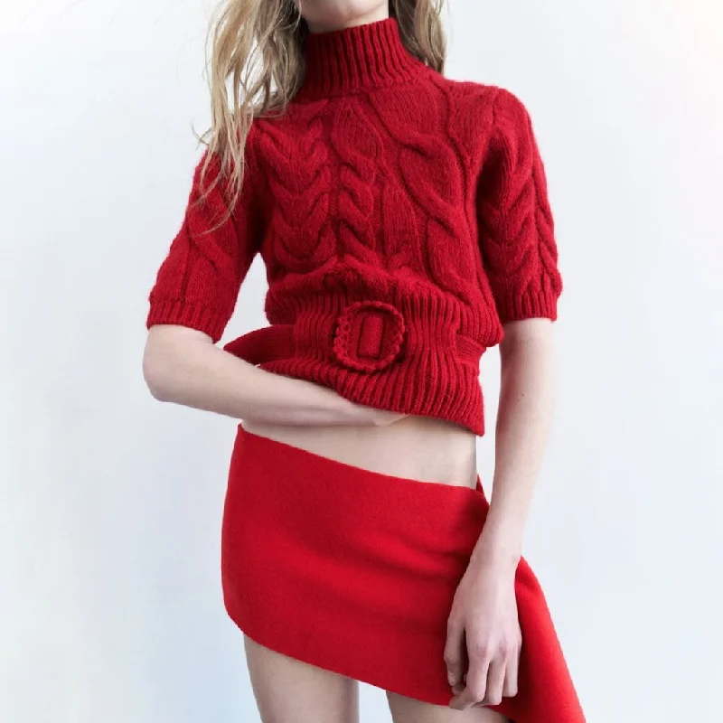 Step into style with our women’s clothing collection   Classic High Neck Half Sleeve Belted Chunky Cable Knit Pullover Sweater