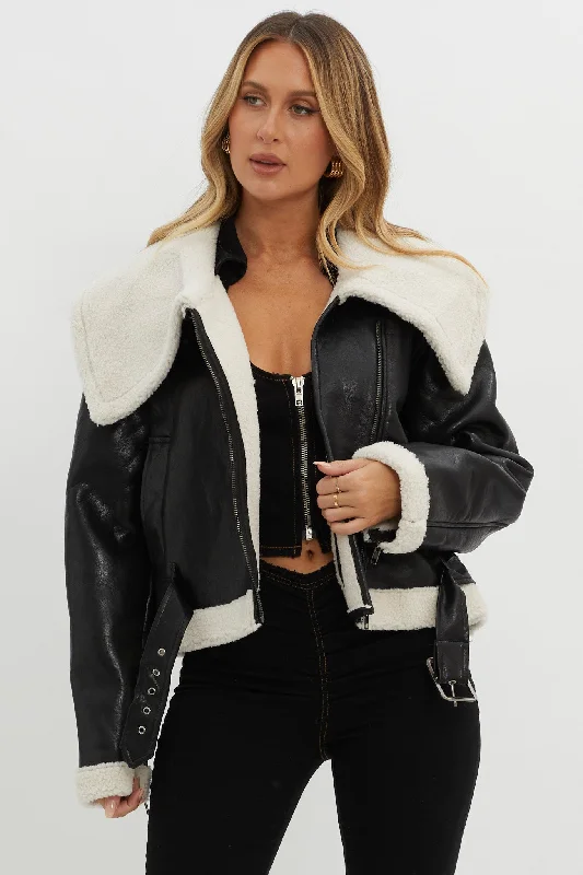 Elevate your look with premium women’s wear   Aviatrix Faux Leather Sherpa Jacket Black