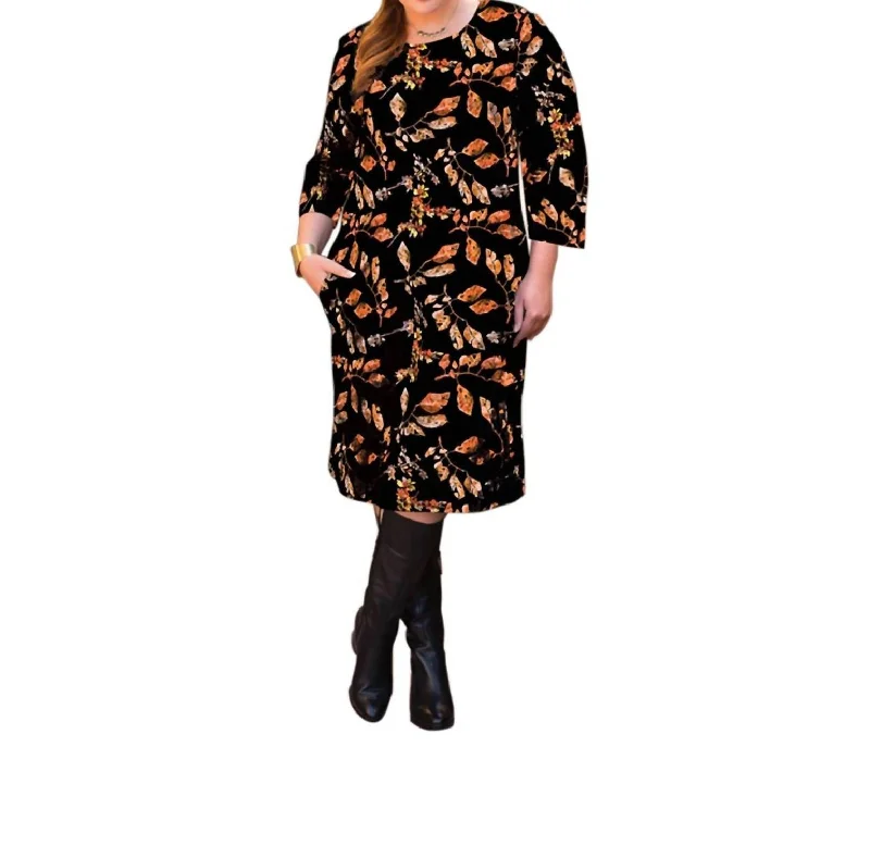 Step up your style with trendy women’s clothing   Lallie 3/4 Sleeve Dress With Pockets - Plus Size In Black Dry Leaves