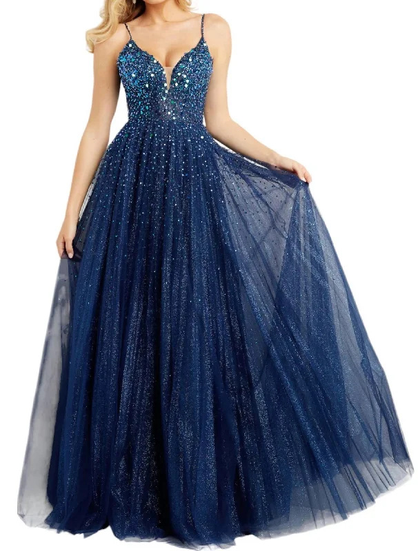 Stylish women’s clothing designed for comfort   Spaghetti Straps Embellished Ballgown In Navy