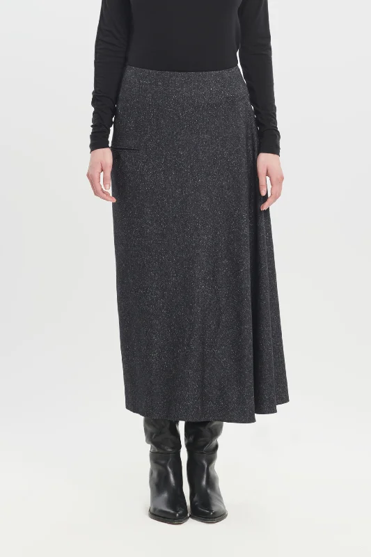 Black wool silk tweed asymmetric skirt