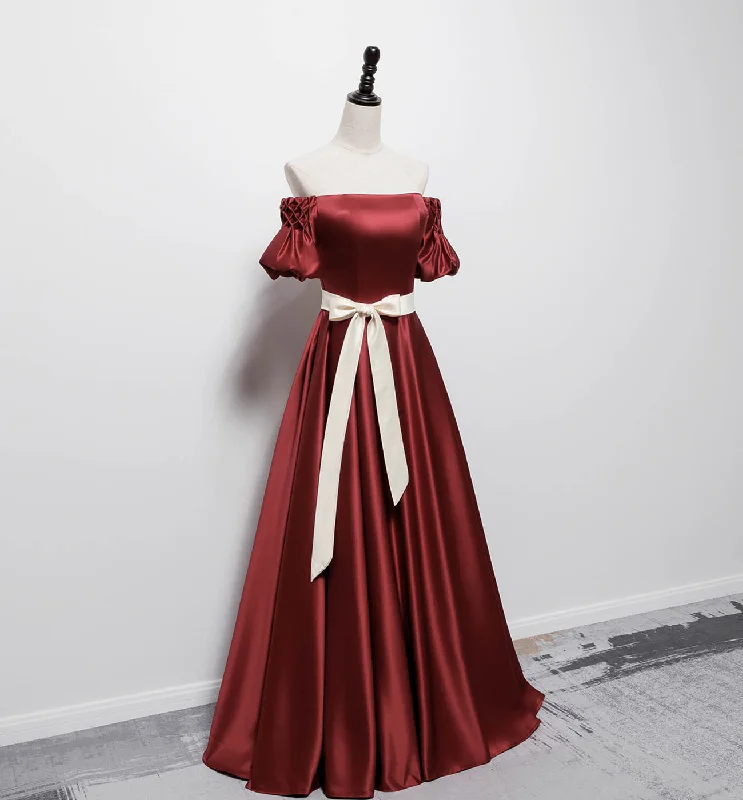 Sleek and sophisticated fashion for modern women   BURGUNDY SATIN LONG PROM DRESS EVENING DRESS   cg16423