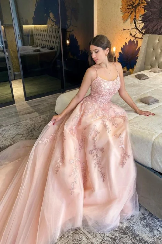 Step up your style with trendy women’s clothing   priness blush pink long prom dress with spaghetti straps and lace up appliques   cg16425