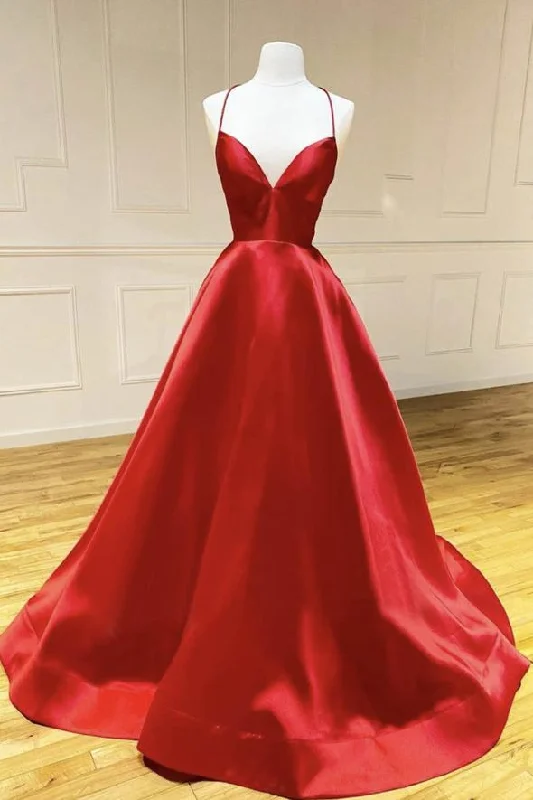 Cozy women’s clothing for the colder months   Red satin long prom dress simple evening dress    cg16384