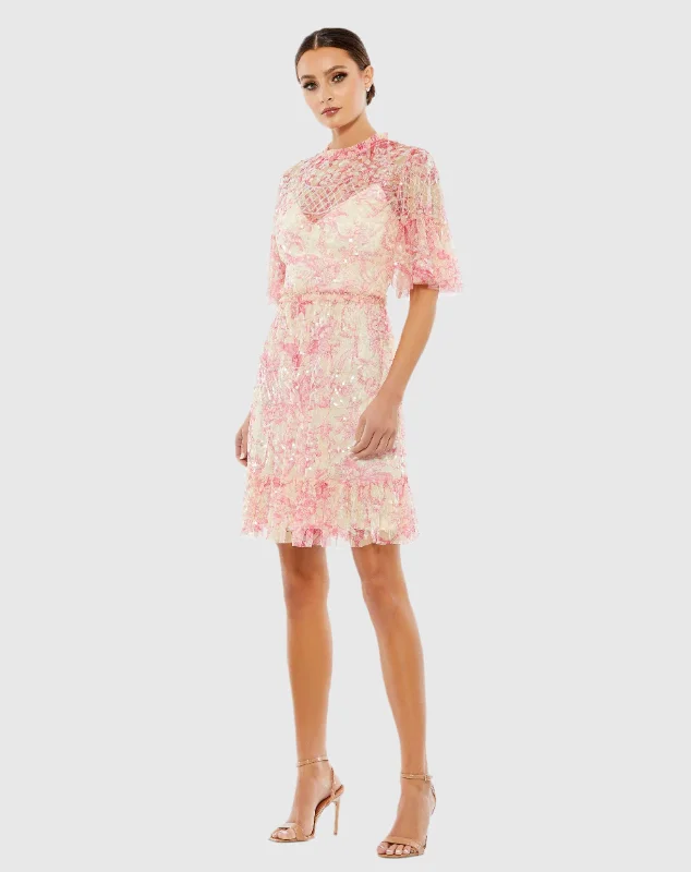 Stylish and comfortable outfits for women   Flounce Sleeve Floral Embellished Dress