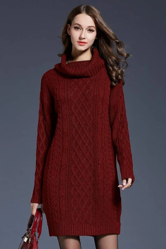 Chic, modern fashion for empowered women   Full Size Mixed Knit Cowl Neck Dropped Shoulder Sweater Dress