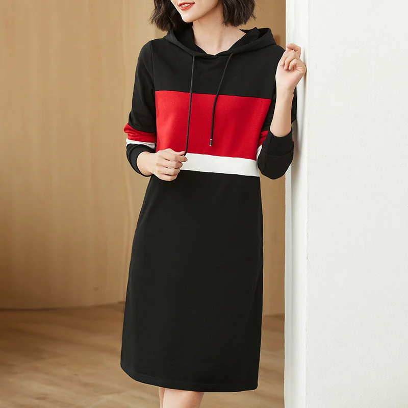 Affordable fashion that looks high-end   NiDELL Mid-Length Dress for Women Spring and Autumn . New Early Spring Loose Western Style A- line Dress Patchwork Hoodie Skirt