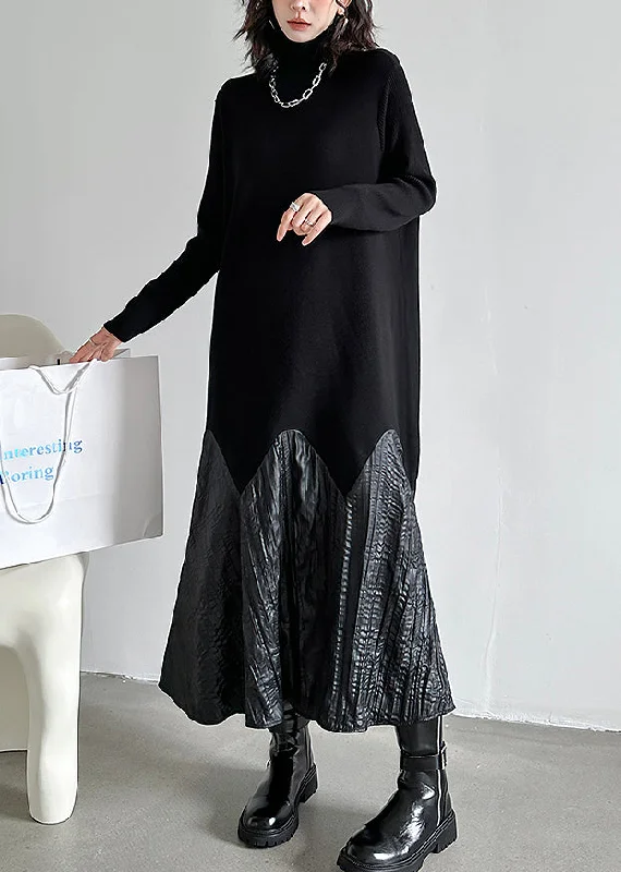 Designer-inspired women’s fashion at affordable prices Fashion Black High Neck Patchwork Knit Long Dresses Fall Designer-inspired women’s fashion at affordable prices Fashion Black High Neck Patchwork Knit Long Dresses Fall